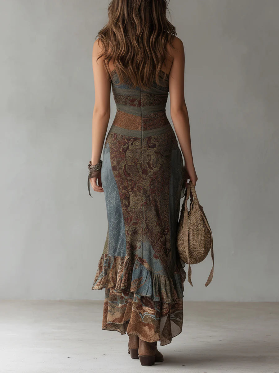 Vestido Largo con Estampado Étnico y Hombros al Aire