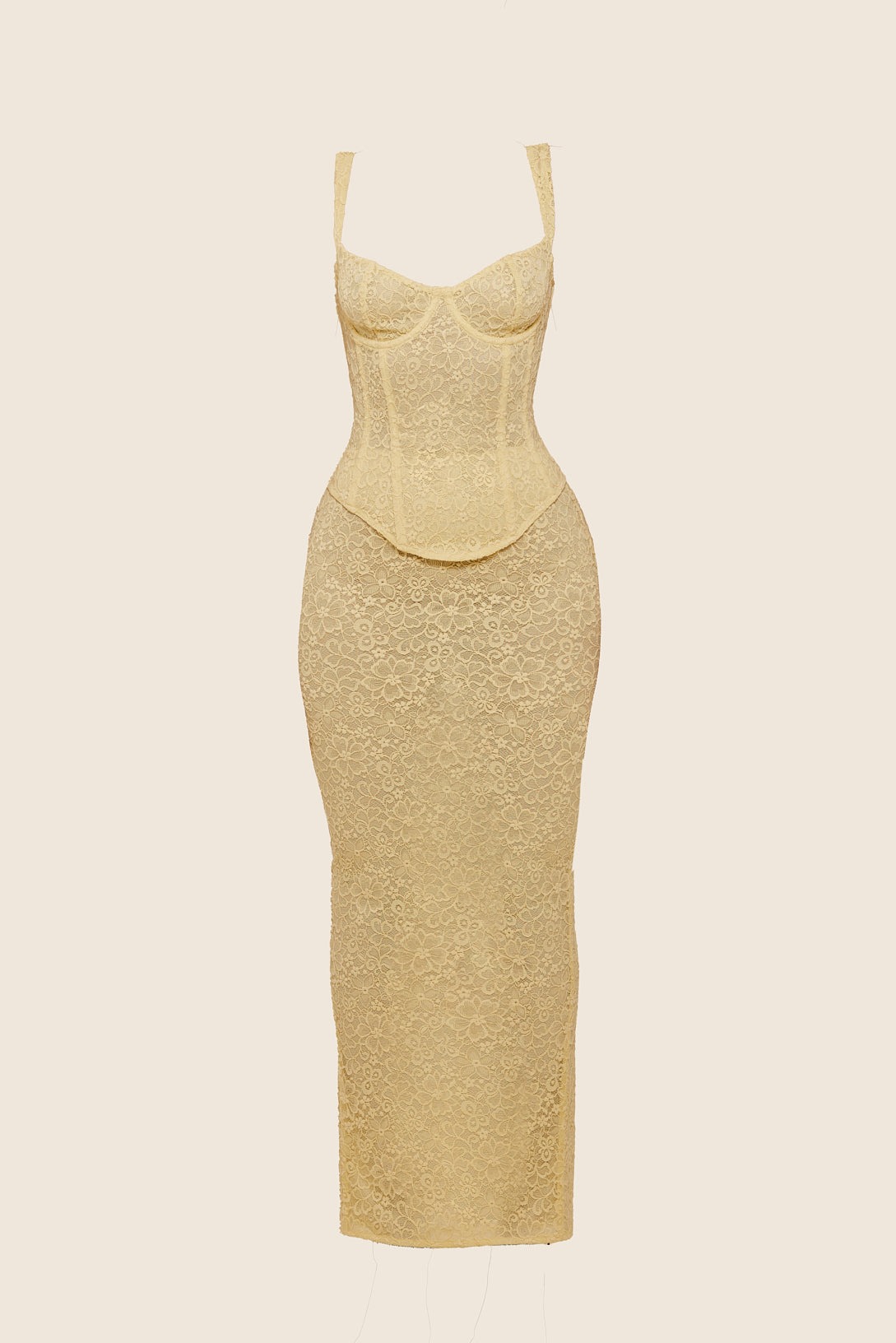 Conjunto de Maxifalda y Corsé de Encaje Ajustado en Amarillo