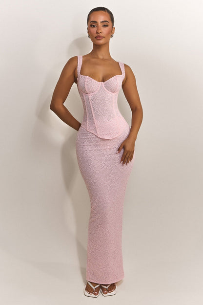 Conjunto Largo con Corsé de Encaje Ajustado en Rosa Bebé