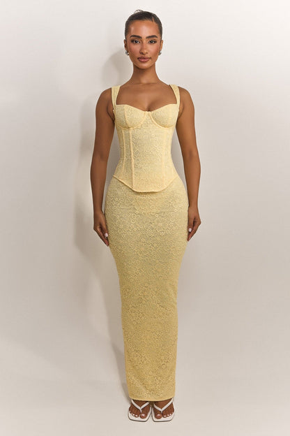 Conjunto de Maxifalda y Corsé de Encaje Ajustado en Amarillo