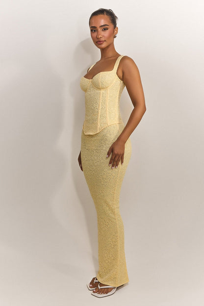 Conjunto de Maxifalda y Corsé de Encaje Ajustado en Amarillo