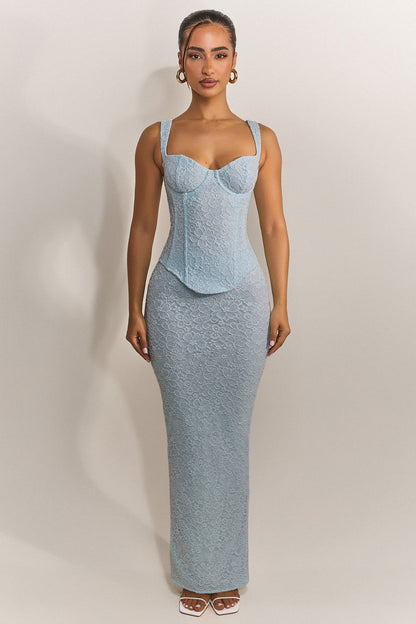 Conjunto Largo con Corsé de Encaje Ajustado en Azul