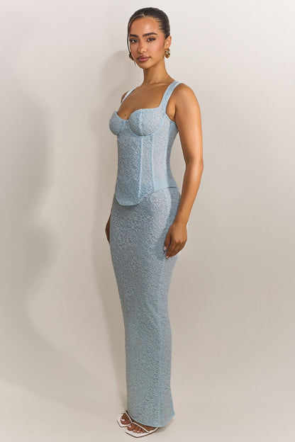 Conjunto Largo con Corsé de Encaje Ajustado en Azul