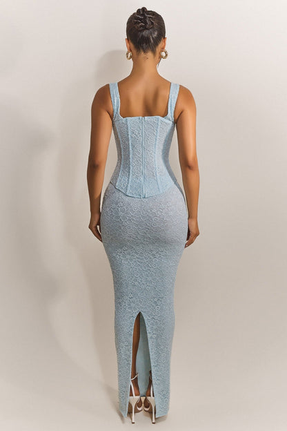 Conjunto Largo con Corsé de Encaje Ajustado en Azul