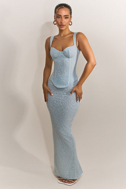 Conjunto Largo con Corsé de Encaje Ajustado en Azul