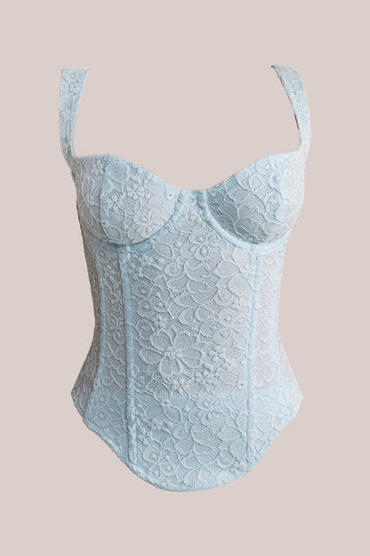 Conjunto Largo con Corsé de Encaje Ajustado en Azul