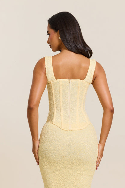 Conjunto de Maxifalda y Corsé de Encaje Ajustado en Amarillo
