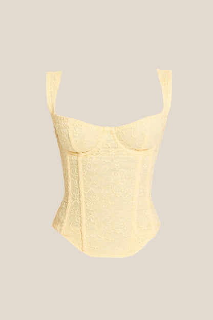 Conjunto de Maxifalda y Corsé de Encaje Ajustado en Amarillo