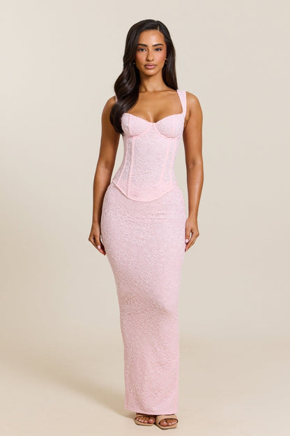 Conjunto Largo con Corsé de Encaje Ajustado en Rosa Bebé