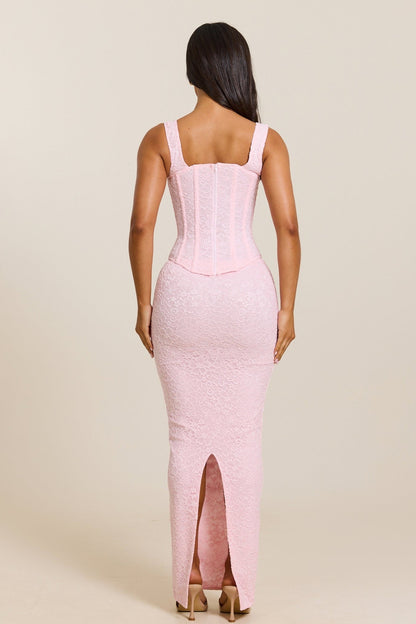 Conjunto Largo con Corsé de Encaje Ajustado en Rosa Bebé