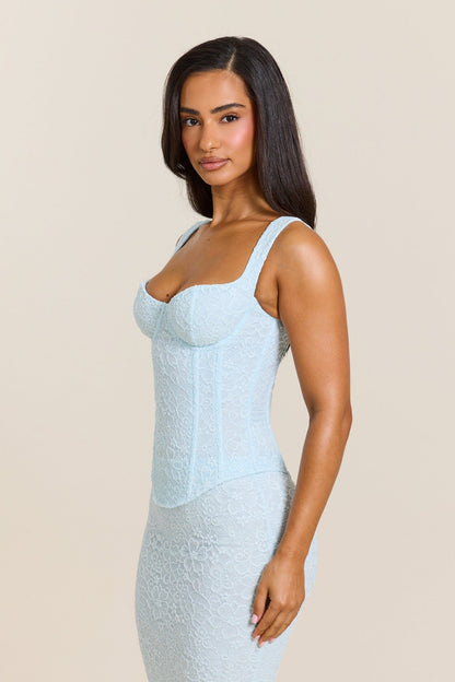 Conjunto Largo con Corsé de Encaje Ajustado en Azul