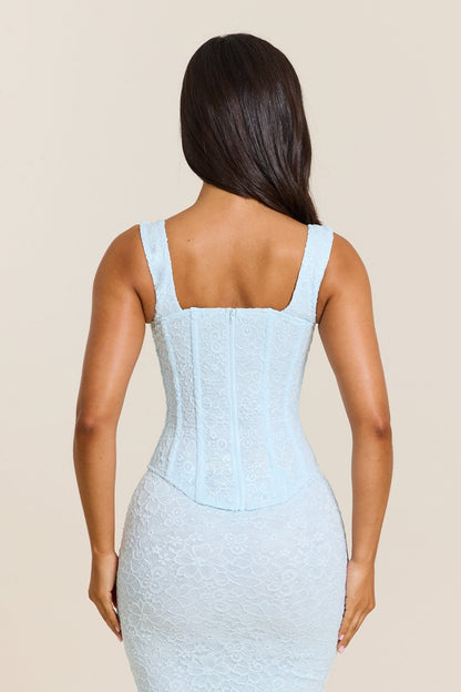 Conjunto Largo con Corsé de Encaje Ajustado en Azul