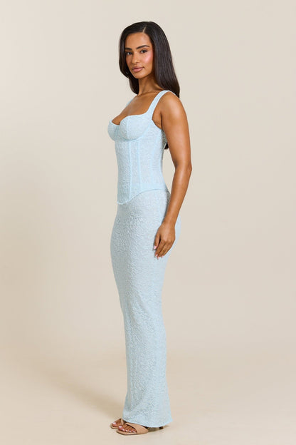 Conjunto Largo con Corsé de Encaje Ajustado en Azul