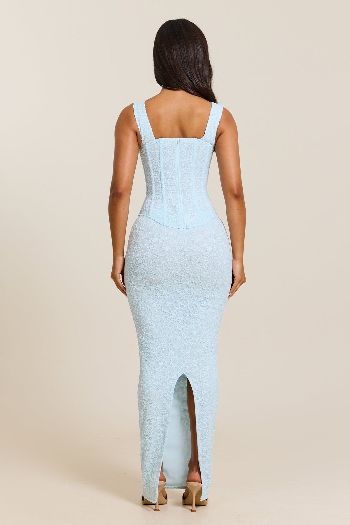 Conjunto Largo con Corsé de Encaje Ajustado en Azul