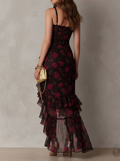Vestido Elegante Negro y Rojo con Flores y Volantes