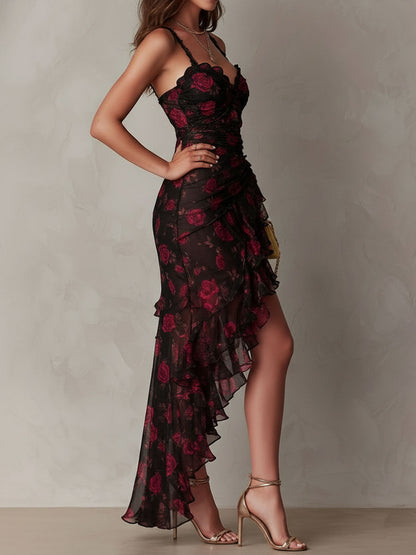 Vestido Elegante Negro y Rojo con Flores y Volantes