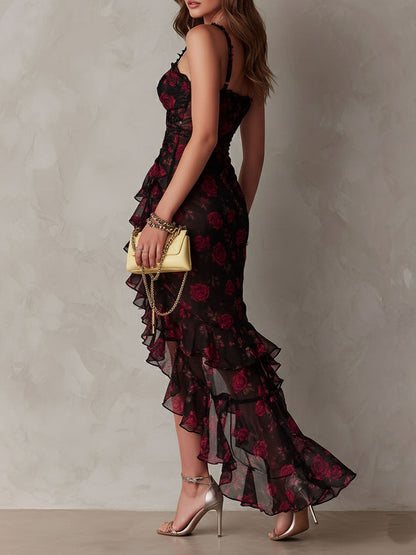 Vestido Elegante Negro y Rojo con Flores y Volantes