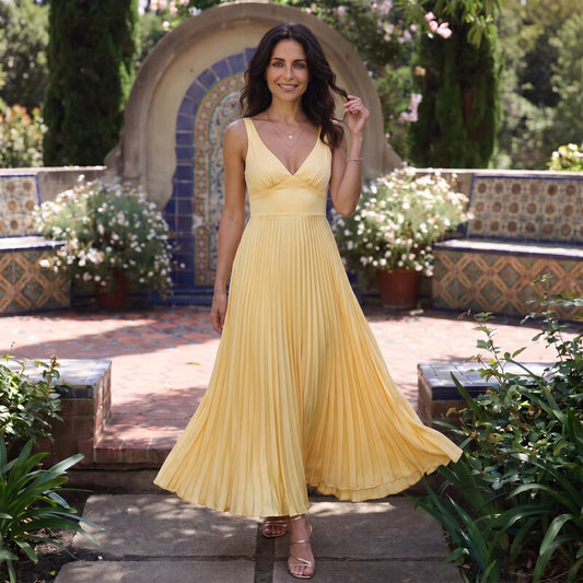 MACKENZIE™ | VESTIDO MAXI PLISADO CON ESCOTE EN V